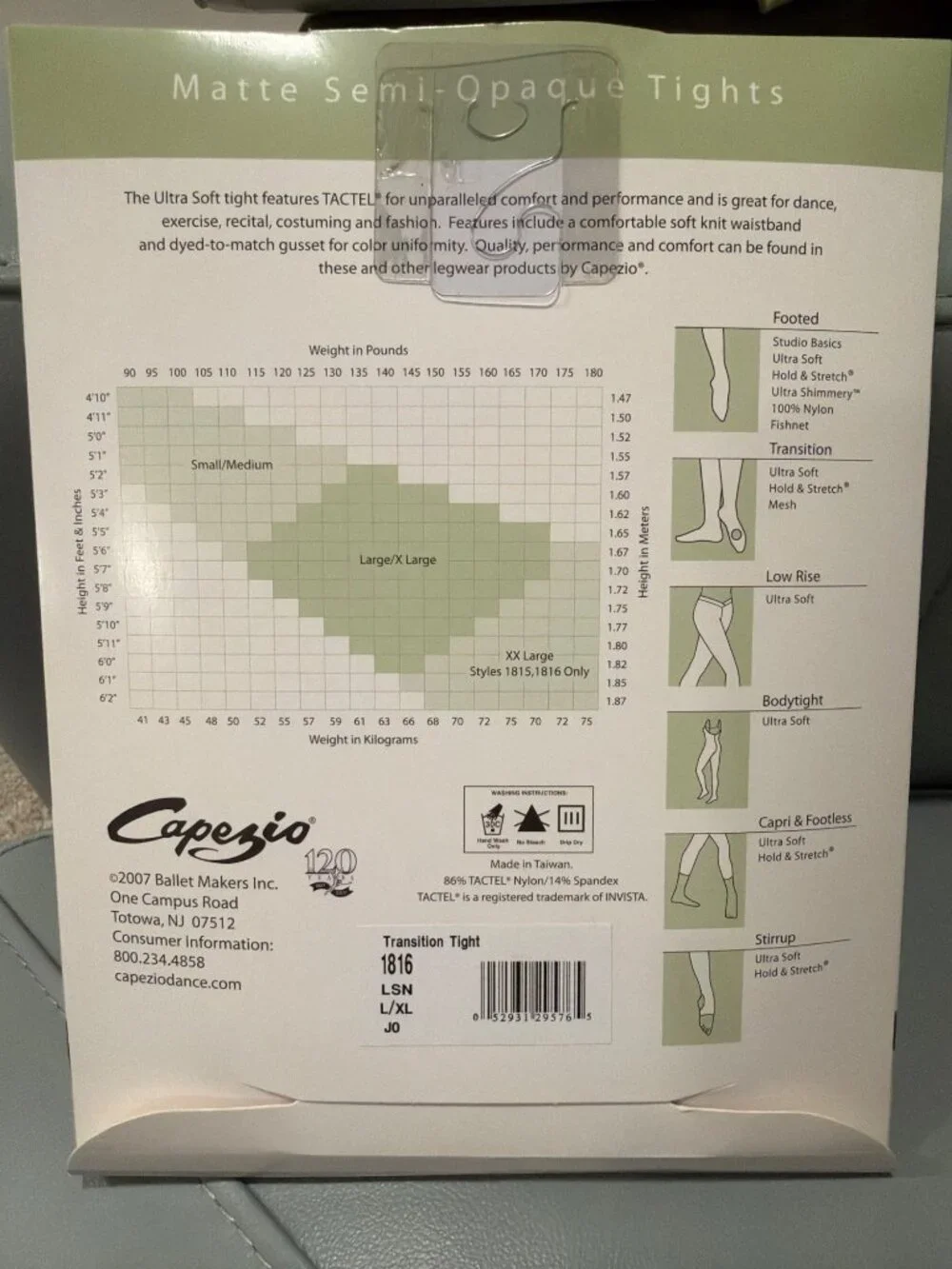 Capezio Ultra Soft Matte Semi-Opaque Transition Tights L/XL Tactel Nylon/Spandex
